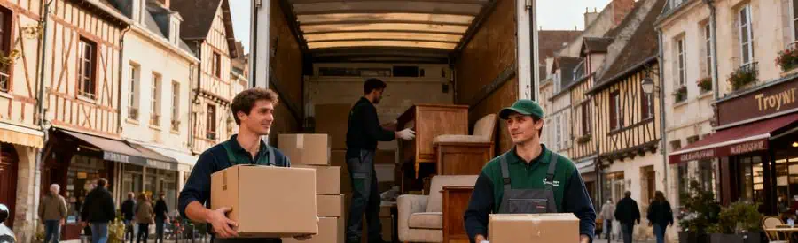 Équipe de déménageurs professionnels chargeant un camion à Troyes, illustrant diverses solutions de déménagement.