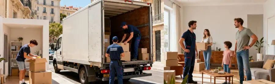 Demenagement Types Marseille 4eme Déménageurs chargent un camion avec des cartons d'un studio et des meubles d'un appartement familial à Marseille 4ème.