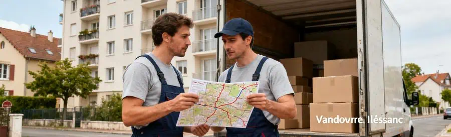 Déménageurs discutant des itinéraires à Vandœuvre-lès-Nancy, démontrant leur expertise locale pour optimiser le déménagement.
