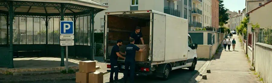 Camion de déménagement à Vandœuvre-lès-Nancy avec déménageurs chargeant des cartons et panneau d'autorisation de stationnement.