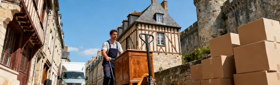 Déménageur transportant un meuble avec un chariot dans une rue étroite de Vannes, arrière-plan des maisons à colombages.