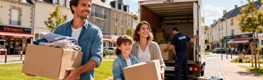 Deménagement Vannes Morbihan Famille Famille emménageant à Vannes, entourée de maisons, avec un déménageur chargeant des cartons.