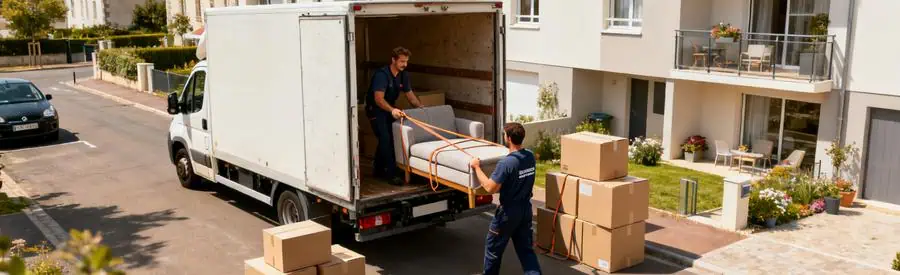 Déménageurs professionnels chargent des cartons dans un camion devant un appartement à Vannes.