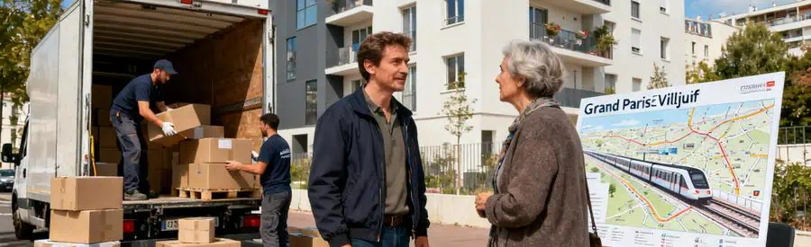 Déménageurs en action à Villejuif, chargement de cartons, projet Grand Paris en toile de fond.