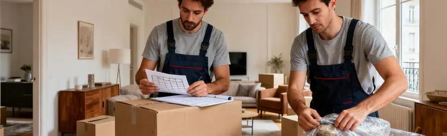Déménageurs emballant des cartons dans un salon à Villejuif, illustrant un déménagement sur mesure.