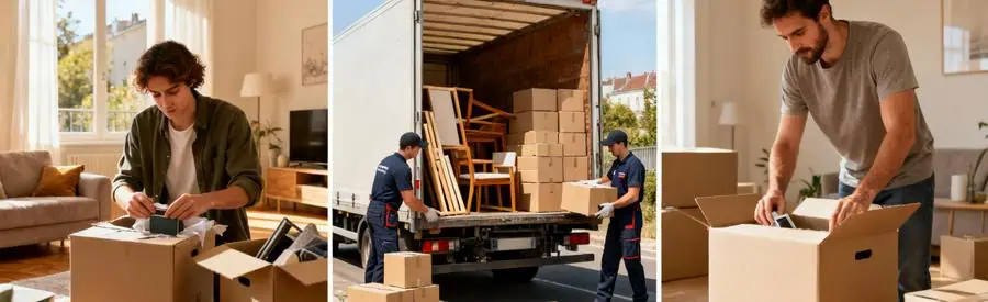 Illustration des différentes formules de déménagement à Villejuif, montrant emballage, chargement et déballage.