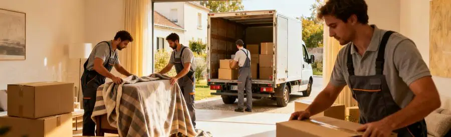 Équipe de déménageurs professionnels emballant des cartons dans un appartement à Sens, illustrant divers types de déménagement dans l'Yonne.