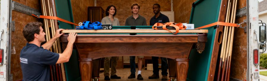 Demenager Billard Chargement Securise Déménageur chargement sécurisé d'un billard, ardoise debout, pente et accessoires en place.
