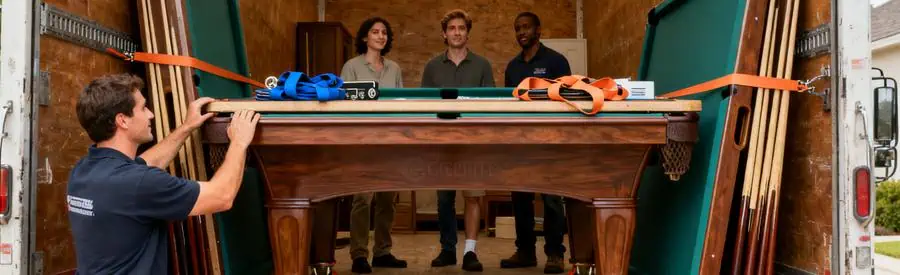 Déménageur chargement sécurisé d'un billard, ardoise debout, pente et accessoires en place.