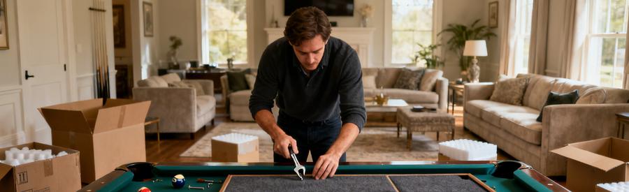 Demenager Billard Prudence Personne démontant un billard avec précaution, entouré de protections pour éviter les dommages.