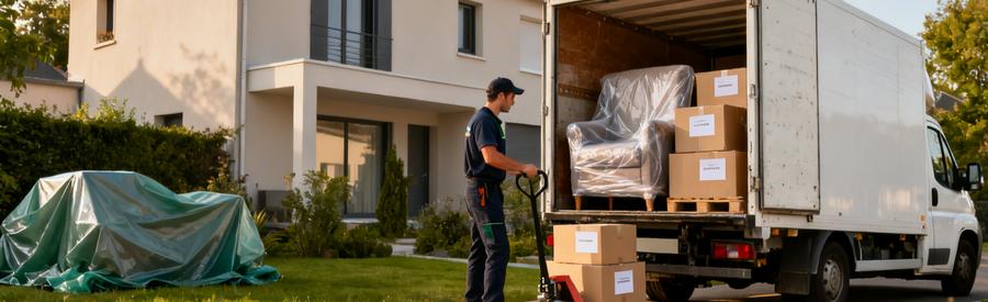 Déménageur chargeant cartons dans camion devant maison résidentielle en Mayenne