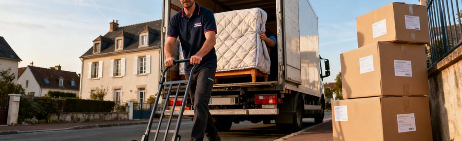 Déménageur chargeant meuble protégé dans camion devant maison mayennaise, cartons étiquetés sur trottoir