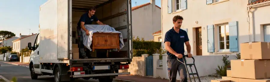Déménageur chargeant un meuble protégé dans un camion devant une maison vendéenne typique