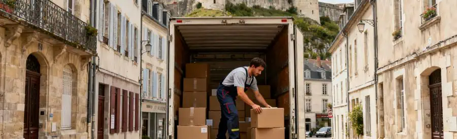Déménageur chargeant des cartons dans un camion à Besançon, avec des fortifications Vauban en arrière-plan, illustrant le déménagement dans le Doubs.