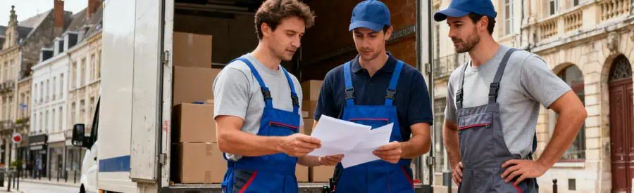 Déménageurs professionnels discutant devant un camion à Arras, soulignant le choix sérieux de déménageurs locaux.