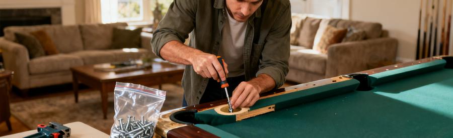 Demontage Billard Salon Outils Personne démontant un billard avec outils, ambiance conviviale dans le salon.