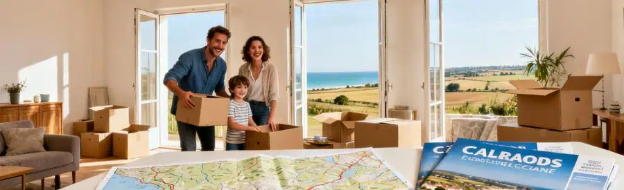 Emménagement Calvados Famille Nouvelle Vie Famille emménageant dans un appartement à Caen, entourée de cartons, découvrant le Calvados.