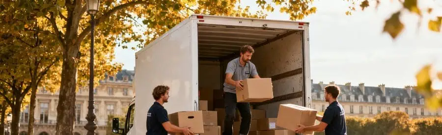 Équipe de déménagement Paris 1er chargeant un camion rue de Rivoli