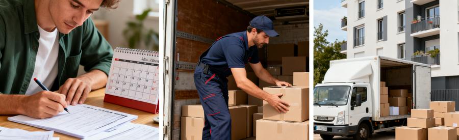 Triptyque illustrant les étapes clés pour réussir un déménagement en Seine-Maritime, de la planification à l'exécution.