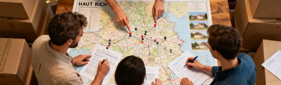 Groupe planifiant un déménagement dans le Haut-Rhin, avec carte et documents.