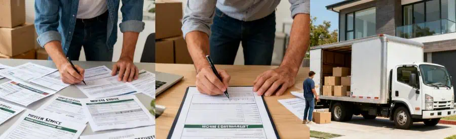 Etapes Demenagement Landes Offres Trois étapes d'un déménagement réussi dans les Landes, illustrant la préparation et la comparaison des offres.