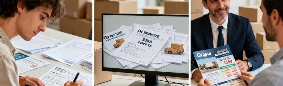 Etapes Offres Demenagement Grasse Triptyque illustrant les étapes pour obtenir des offres de déménagement à Grasse, de la demande à la sélection professionnelle.