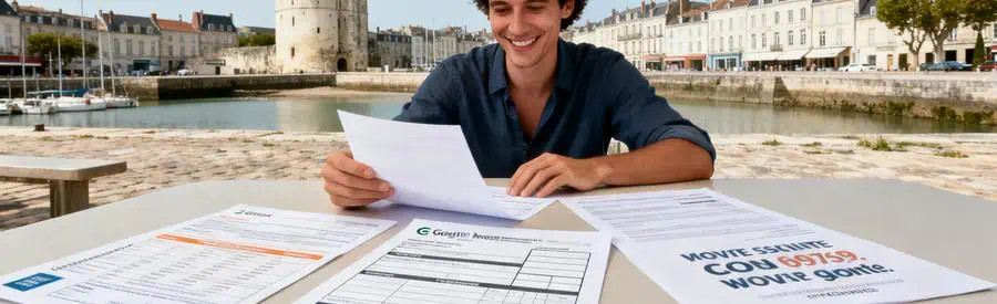 Etapes Offres Demenagement La Rochelle Illustration des trois étapes pour obtenir des offres de déménagement à La Rochelle, avec documents et ambiance sereine.