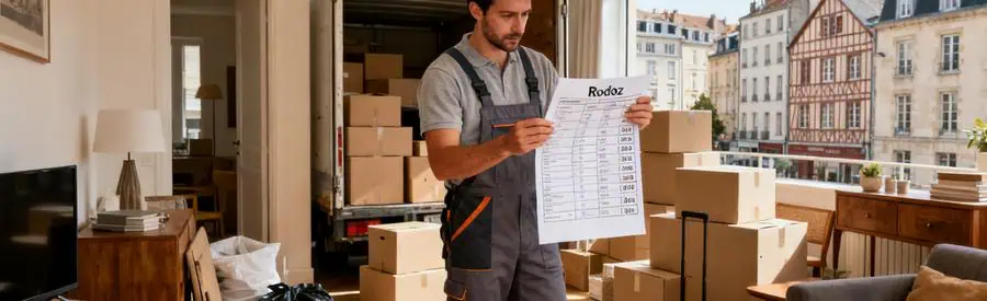 Déménageur vérifiant les tarifs et volumes à transporter dans un appartement à Rodez.