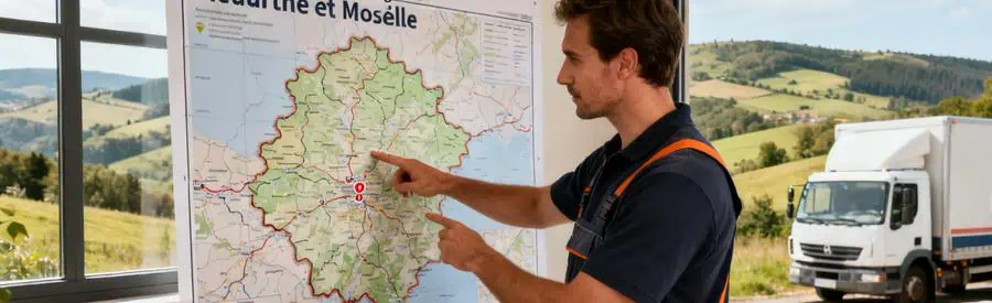 Professionnel analysant une carte de la Meurthe-et-Moselle pour optimiser un déménagement.