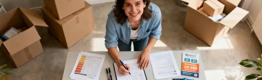 Personne remplissant un formulaire pour comparer des services de déménagement en Lot-et-Garonne, ambiance organisée.