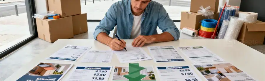 Formule Economique Demenagement Mont De Marsan Personne comparant des offres de déménagement à Mont-de-Marsan, avec documents et cartons visibles.