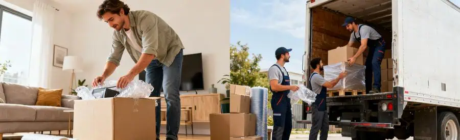 Formule Economique Demenagement Montigny Client préparant des cartons et déménageurs chargeant un camion, illustrant le choix entre formules de service.