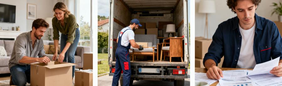 Triptyque illustrant l'adaptation des formules de déménagement à Bourgogne-Franche-Comté avec emballage, transport et choix.