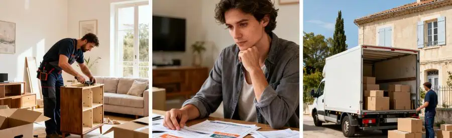 Personnages montrant les formules économiques et premium pour un déménagement à Arles.