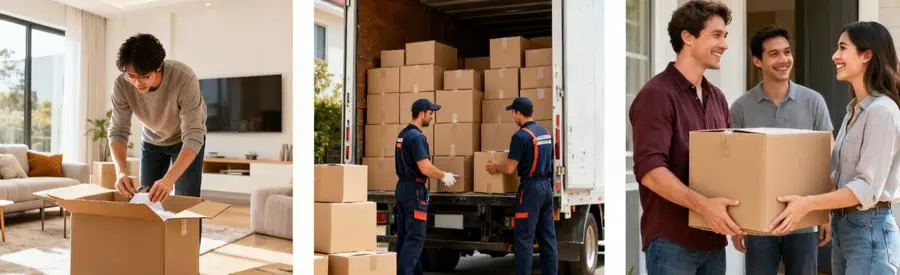 Illustration des formules de déménagement dans le Doubs, montrant emballage, chargement et déchargement.