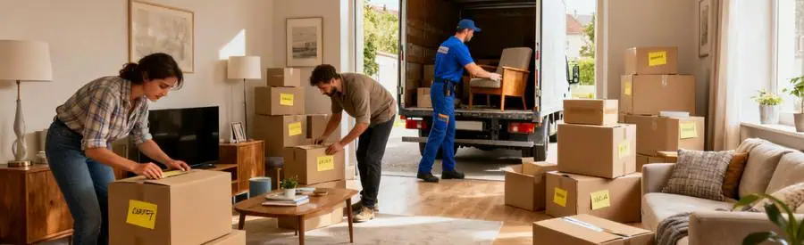 Déménageurs préparant des cartons et chargement de meubles pour diverses formules de déménagement dans le Haut-Rhin.