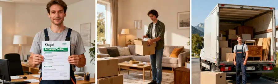 Comparaison entre formules de déménagement économiques et complètes dans le Jura, mettant en scène différentes étapes.