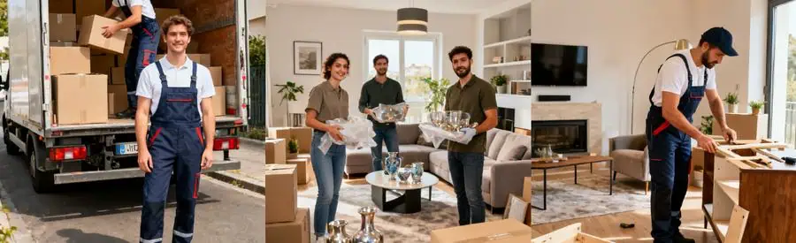 Trois scènes illustrant les formules de déménagement à La Courneuve : chargement, emballage et démontage.