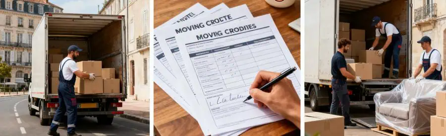 Formules Demenagement La Rochelle Différentes formules de déménagement à La Rochelle illustrées par des scènes de chargement, comparaison et prestation complète.
