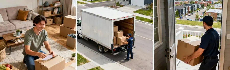 Formules Demenagement Laval Comparaison Triptyque montrant les formules de déménagement à Laval : préparation cartons, chargement camion et livraison.