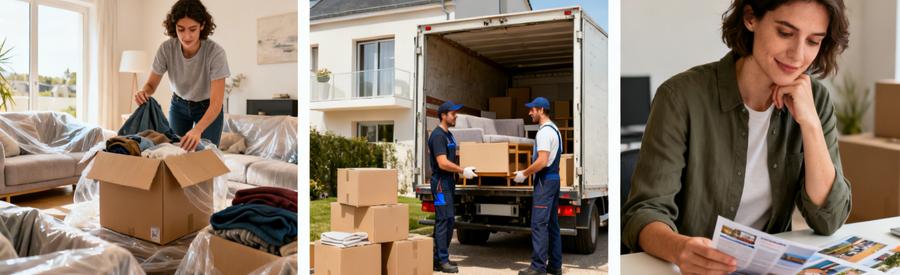 Formules Demenagement Loire Atlantique Illustration des différentes formules de déménagement en Loire-Atlantique, montrant emballage, chargement et consultation.