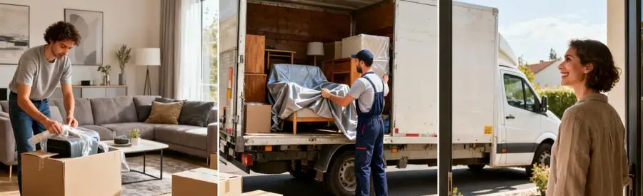 Trois scènes illustrant différentes formules de déménagement sur Meurthe-et-Moselle, montrant emballage, chargement et satisfaction.