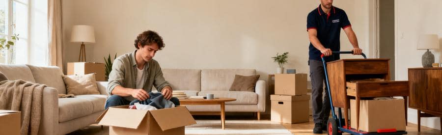 Formules Demenagement Morbihan Personne emballant des cartons tandis qu'un déménageur charge un diable, illustrant les formules de déménagement.