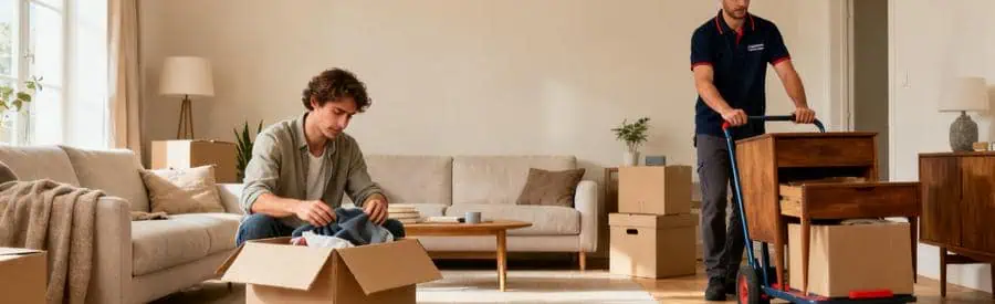 Personne emballant des cartons tandis qu'un déménageur charge un diable, illustrant les formules de déménagement.