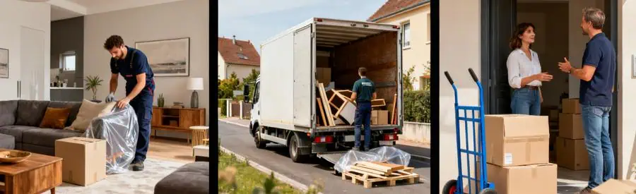 Professionnel emballant des meubles, camion en quartier résidentiel, client supervisant déchargement pour déménagement Moselle.