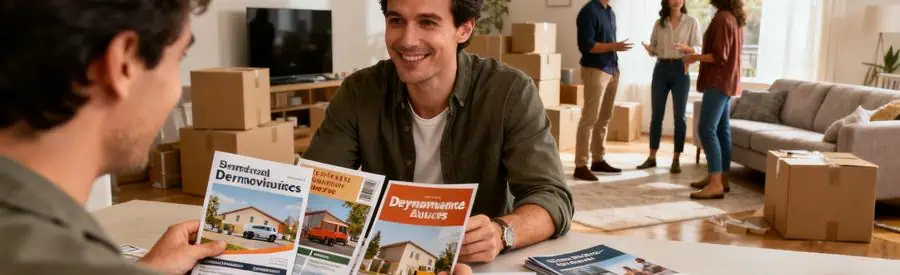 Personne examinant des brochures de formules de déménagement à Rodez, avec des cartons en arrière-plan.