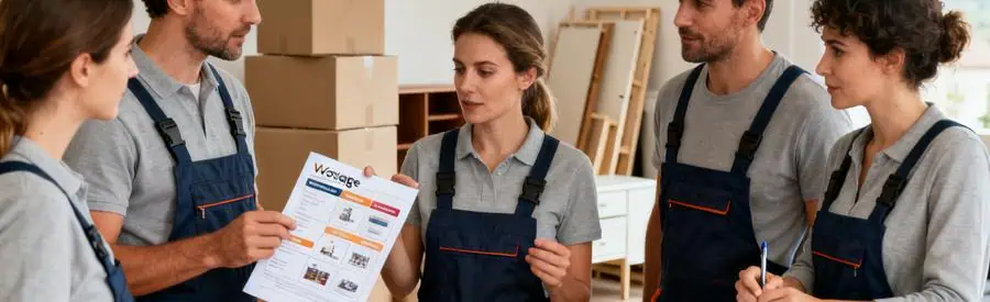 Professionnels du déménagement discutant des formules disponibles dans un environnement résidentiel des Vosges.