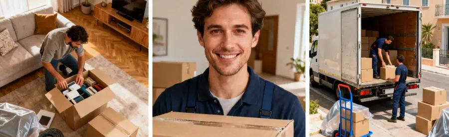 Triptyque illustrant les étapes de déménagement économique et premium en Corse-du-Sud.