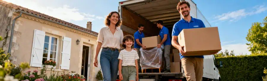Famille s'installant dans maison vendéenne avec déménageurs, bocage et jardin fleuri en arrière-plan