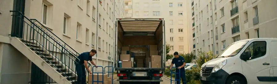 Camion de déménagement devant une résidence collective à La Courneuve, montrant les contraintes d'accès pour les déménageurs.
